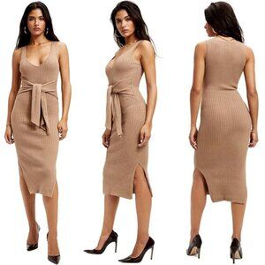 Good American Womens Belted Sleeveless Cotton Rib-Knit Midi-Dress Taupe M NWT